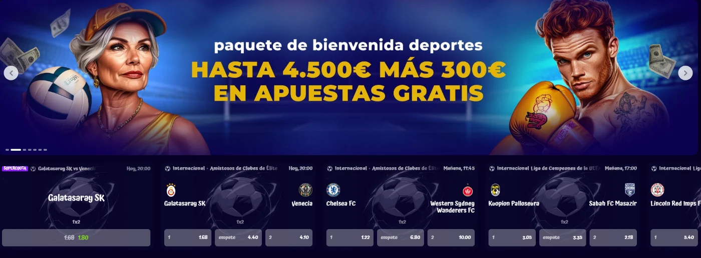 Bono de bienvenida para apuestas deportivas de SpinGranny Casino con hasta 4.500 € más 300 € en apuestas gratis y partidos de fútbol con cuotas
