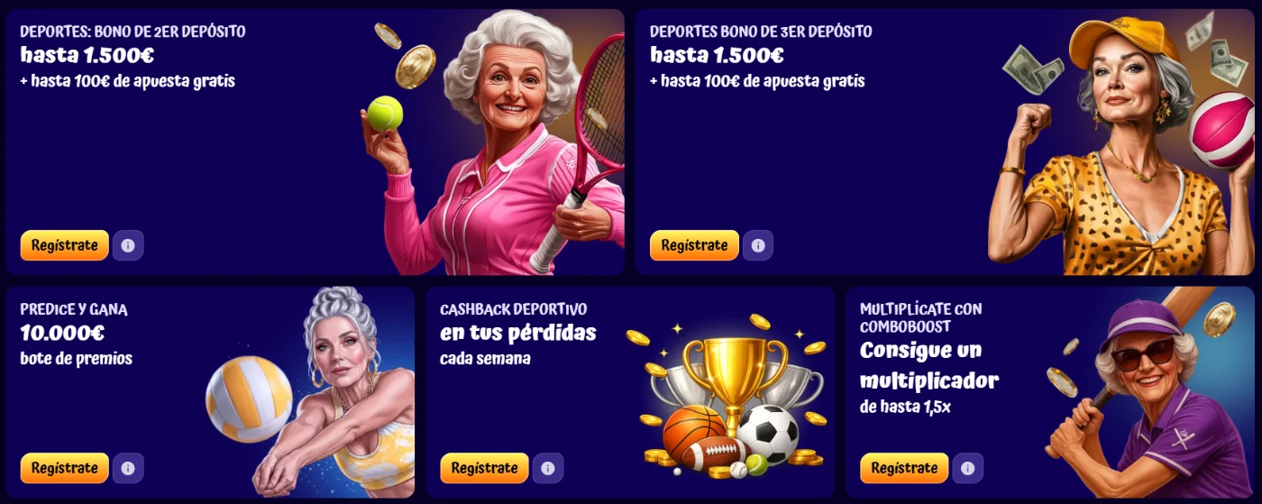 Bonos de apuestas deportivas de SpinGranny Casino con promociones de depósito, apuestas gratis, cashback semanal, bote de premios y multiplicador ComboBoost
