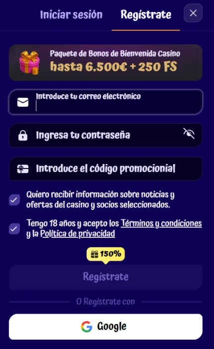 Formulario de registro de SpinGranny Casino con paquete de bienvenida de hasta 6.500 € y 250 tiradas gratis, código promocional y opción de registro con Google
